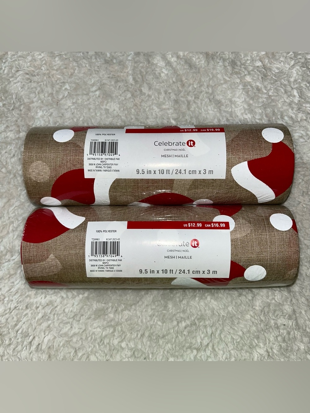 Celebrate It Christmas Santa Hat Decorative Mesh 2 Pack 9.5in x 10ft